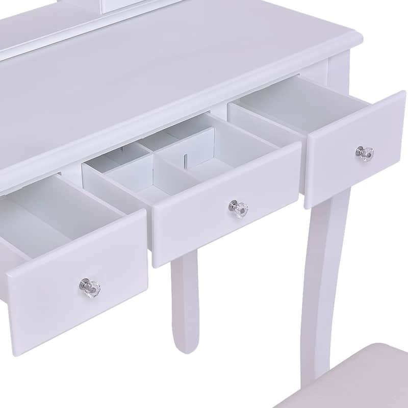 Wooden Vanity Set with 360-deg Rotating Oval Mirror and Cushioned Stool-White - 31.3" x 15.7" x 55.9" (L x W x H)