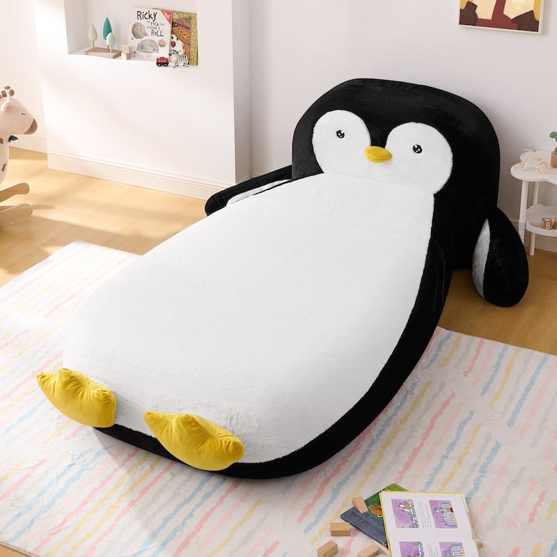 Twin Size Fluffy Faux Fur Penguin Shaped Kids Floor Bed Lounger with Soft Sponge Filling for Playroom