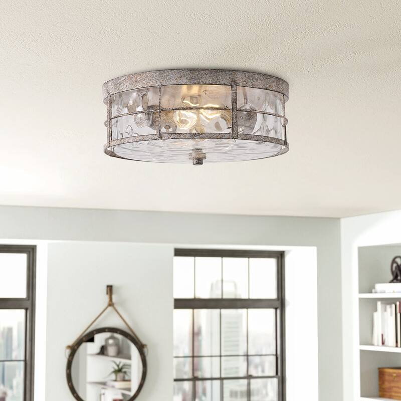 Industrial Grey Rust Flush Mount Ceiling Light with Water Ripple Glass Shade