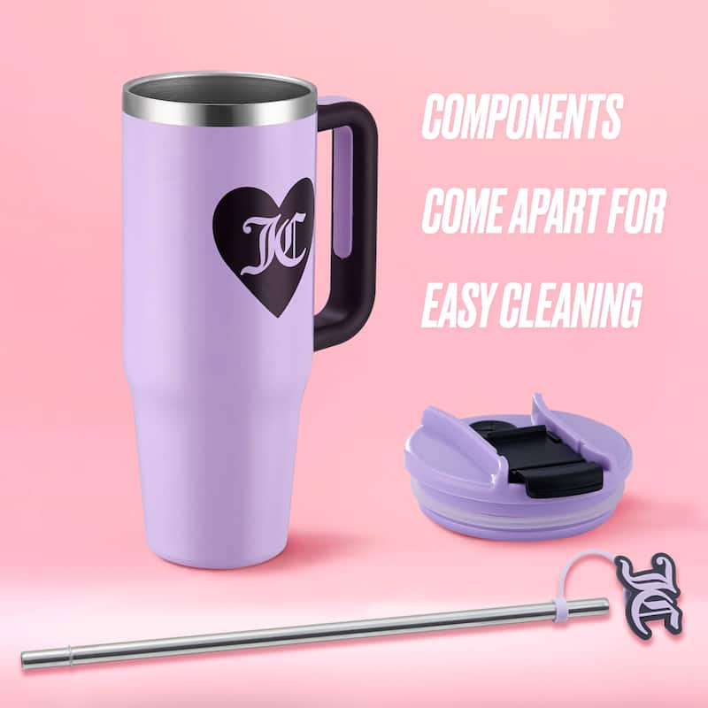 Juicy Couture Jetsetter Hydration Stainless Steel Tumbler with Handle and Straw With Topper