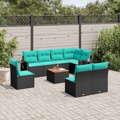 vidaXL 9 Piece Patio Sofa Set with Cushions Black Poly Rattan - 24.4" x 24.4" x 27.2"
