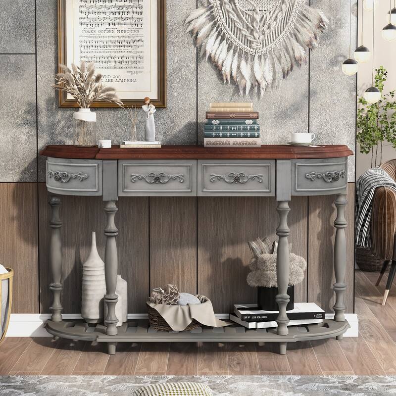 Modern Curved Console Table with 4 Drawers and 1 Shelf - Grey