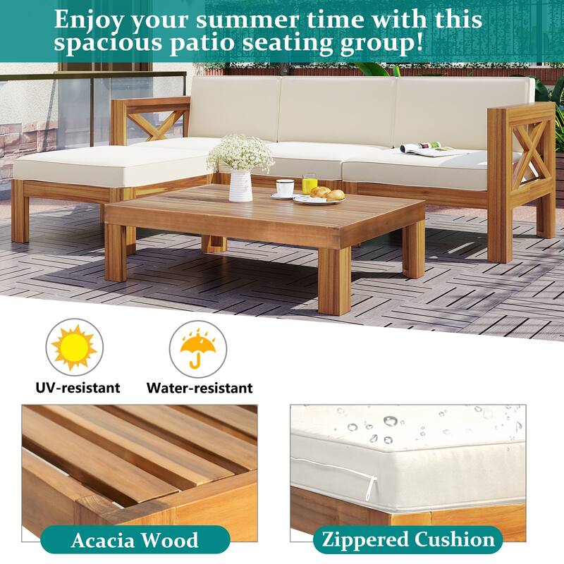 Outdoor Backyard Patio Furniture Set, Wooden 5-Piece Sectional Sofa Seating Group Set with Cushions and Side Table