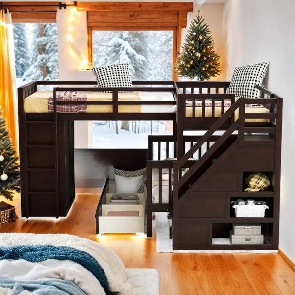 slide 2 of 14, Espresso Triple Bunk,Twin-Twin over Full L-Shaped Bunk Bed With 3 Drawers, Portable Desk and Wardrobe Espresso