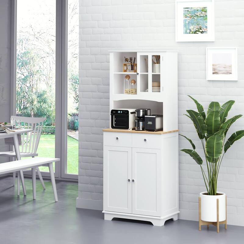 Freestanding 67" Kitchen Buffet with Hutch, Pantry Cabinet with Microwave Stand, Adjustable Shelf, 2 Drawers, Cupboard, White