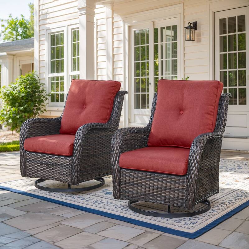 Gymojoy Wicker Swivel Glider Chair with Water-Resistant Olefin Cushions - 2-Piece - Brown Wicker / Red Cusion