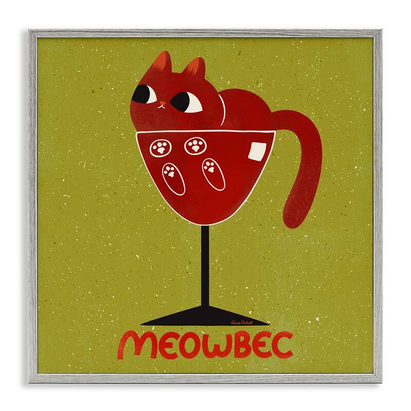 Stupell Meowbec Cat Wine Framed Giclee Art Design By Carrie Cantwell - 12 x 12 - Grey
