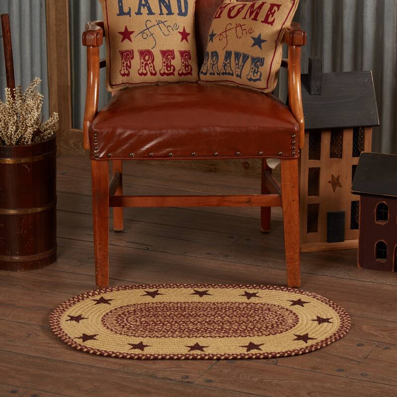 Burgundy Tan Jute Rug Oval Stencil Stars w/ Pad 20x30 - 2' x 3' Oval - 2' x 3' Oval - Red