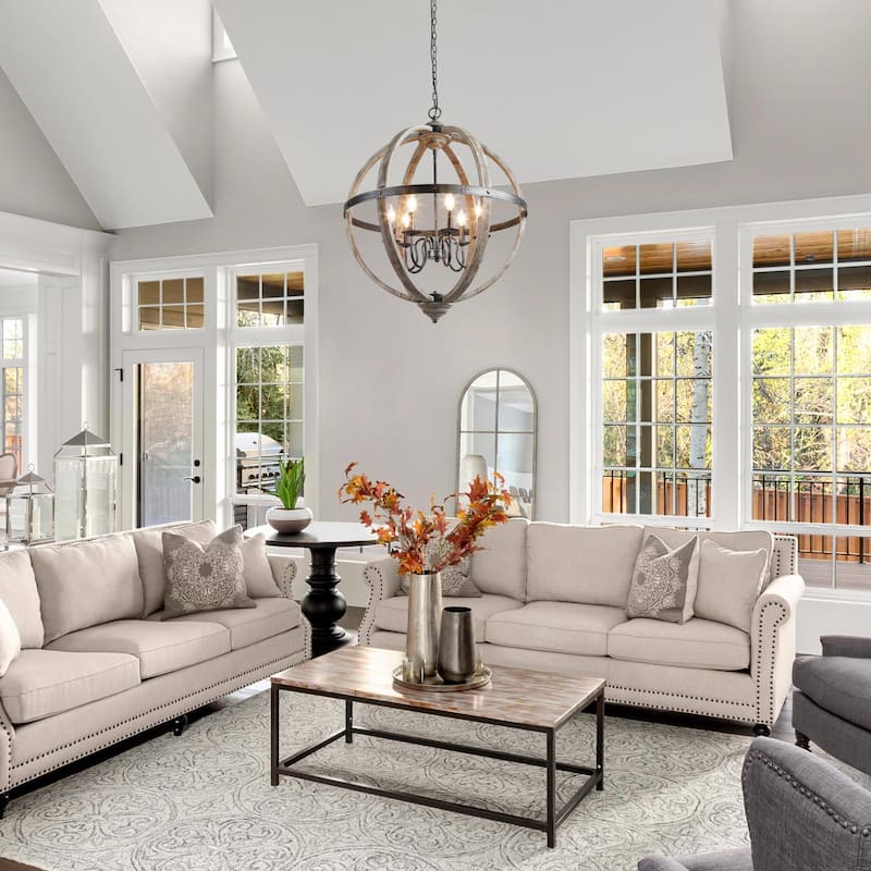 Clovy Farmhouse 6-Light Wood Globe Chandelier for Living Room - D27.2"xH34.5"