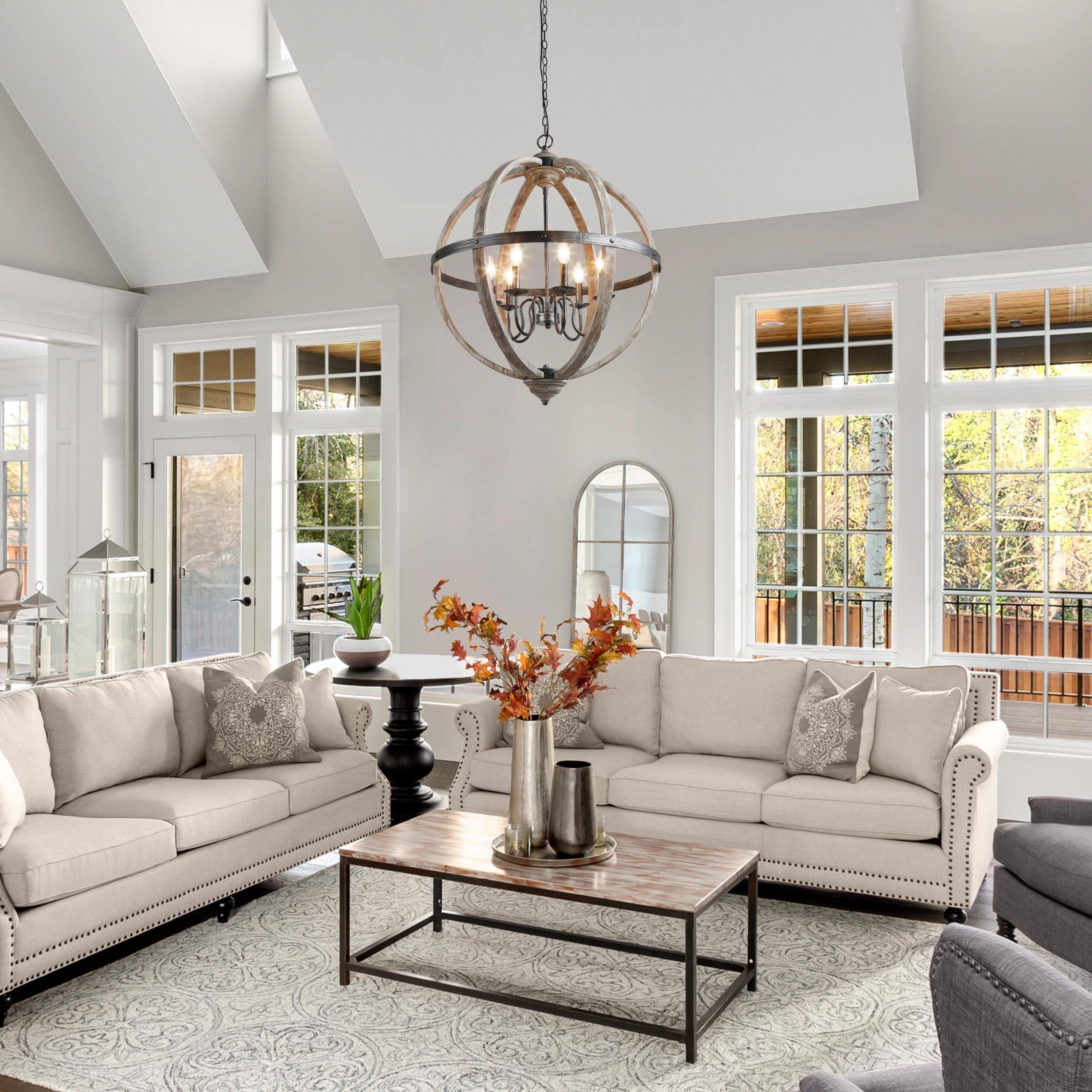 Clovy Farmhouse 6-Light Wood Globe Chandelier for Living Room - D27.2"xH34.5"