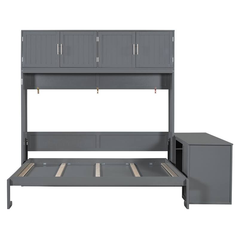 Space-Saving Queen Murphy Bed with Desk & Storage, Gray - Hydraulic Wall Bed for Small Rooms