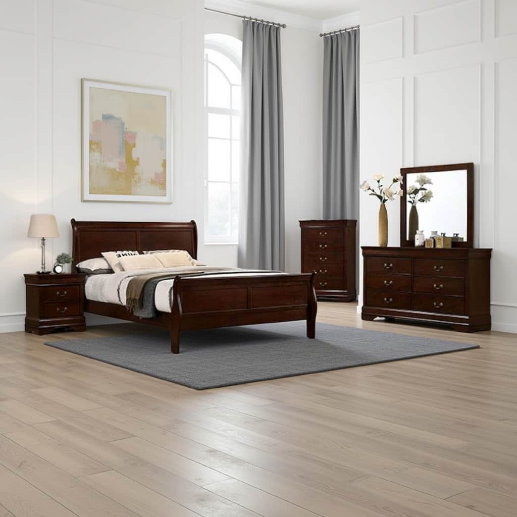 Poy Three Piece Full Size Bedroom Set, Metal Hanging Pulls, Cherry Brown Wood