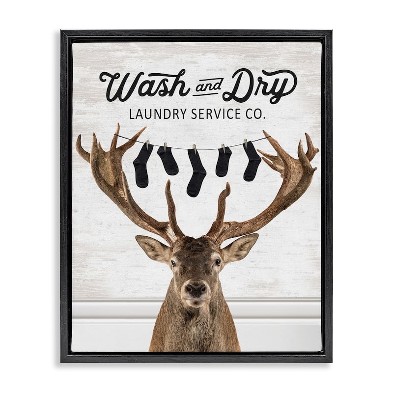 Stupell Vintage Laundry Elk Clothesline Framed Floater Canvas Wall Art Design By Lettered and Lined - 25 x 31 - Black