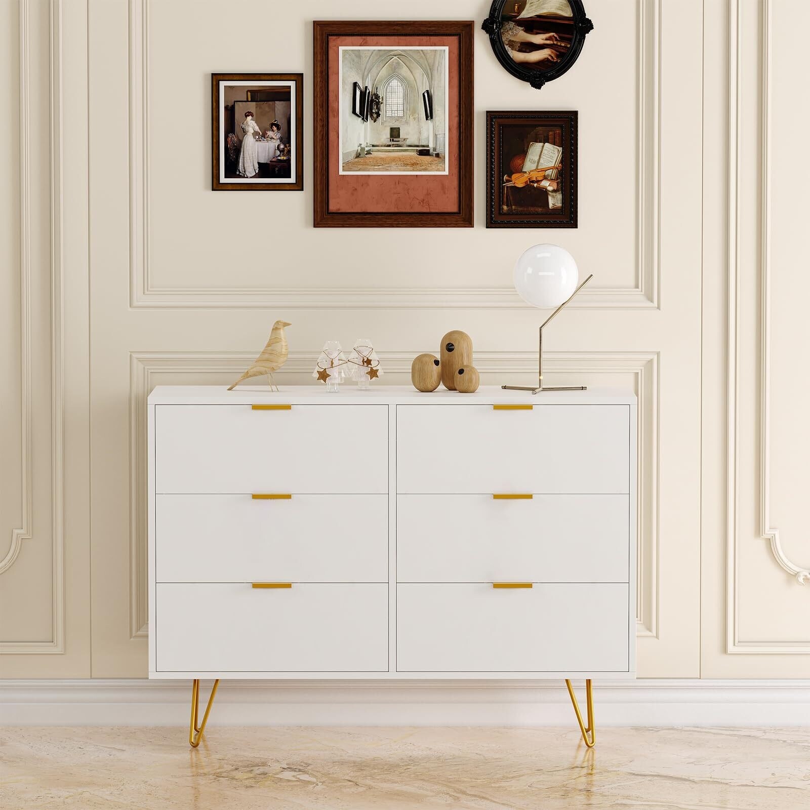 6 Drawer Dresser White Wood Modern Dresser with Metal Handles Gold Small  Dresser - Bed Bath & Beyond - 40399116