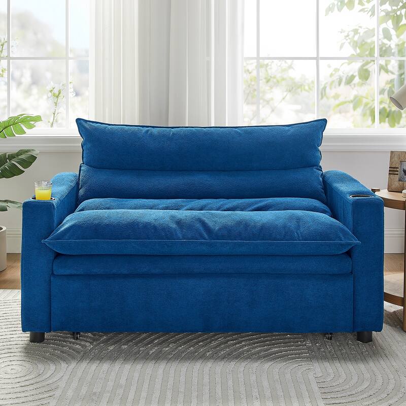 3-in-1 Convertible Sofa Bed with Adjustable 3-Position Backrest, Loveseat Sleeper Couch with Cup Holder