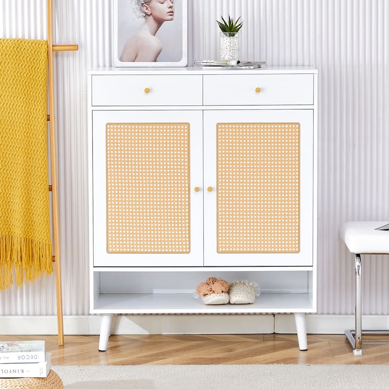 Stylish Rattan Shoe Organizer Rack Storage Cabinet with Wood Finish for Entryway, Hallway, Corridors, and Bedrooms