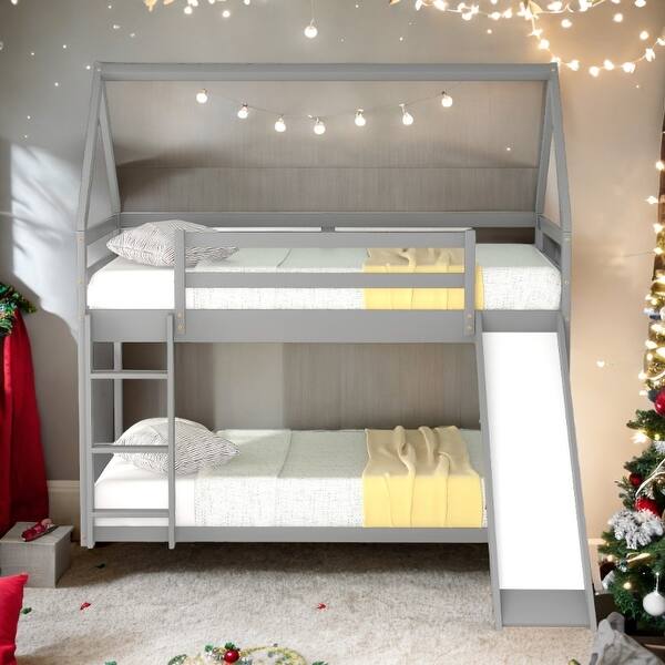 slide 2 of 29, Twin Size Bunk House Bed with Slide and Ladder,House Shape Bunk bed with Slide