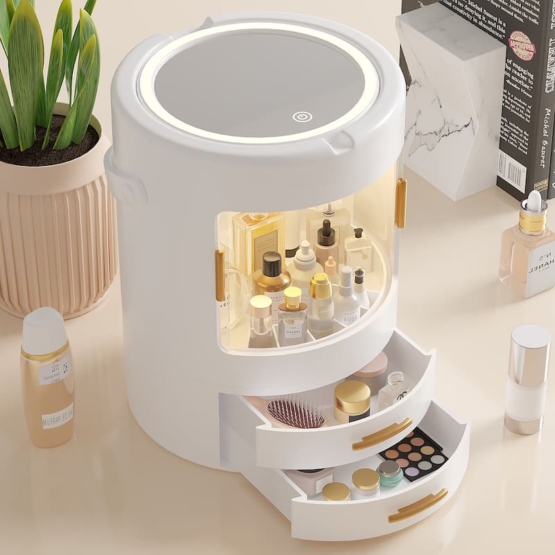 Makeup Organizer Bathroom Medicine Organizer Cosmetic Display Cases with Led Mirror for Dresser, Vanity Countertop - White