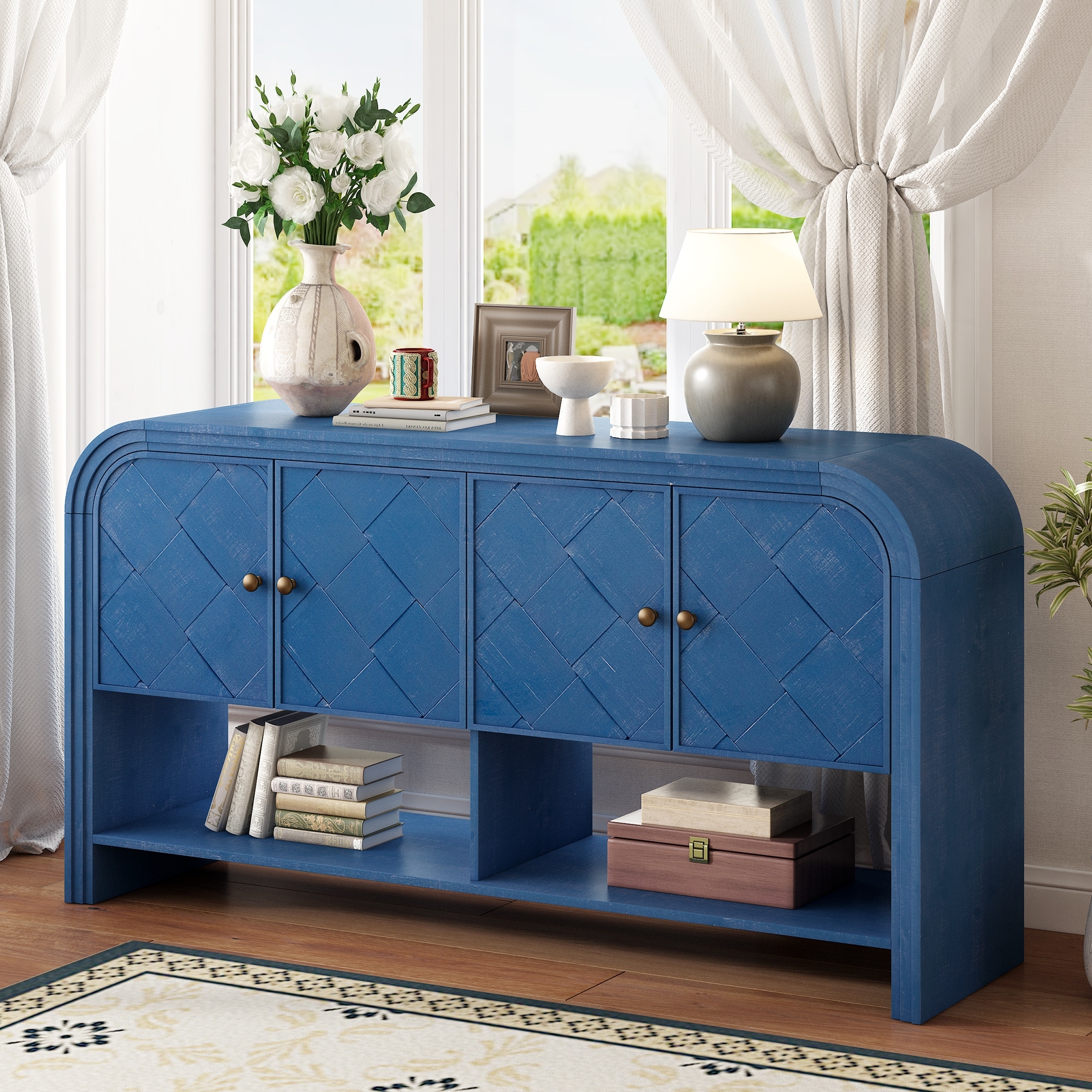 Versatile Console Table With Woven Wood Slats For Entryway And Living Room