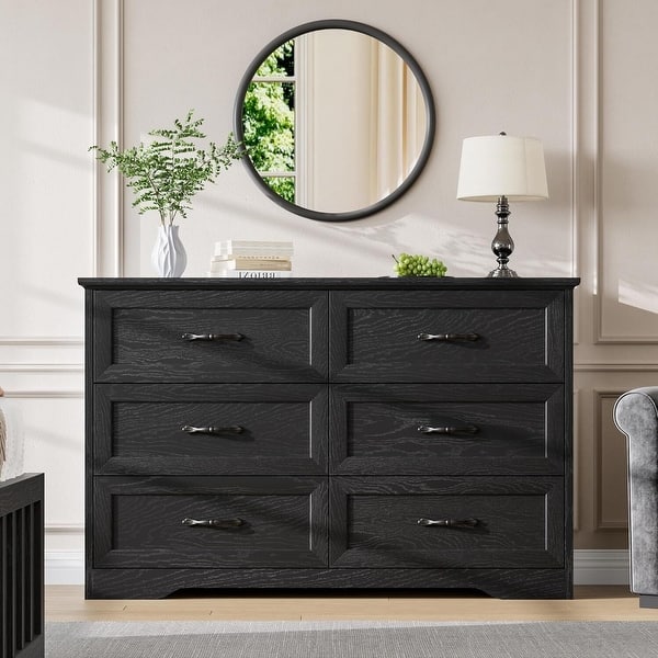 grey dresser tv stand WLIVE Minimalist 5-Drawer Fabric Dresser TV Stand with Open Shelves Rustic Brown Wood Grain Print main image 0