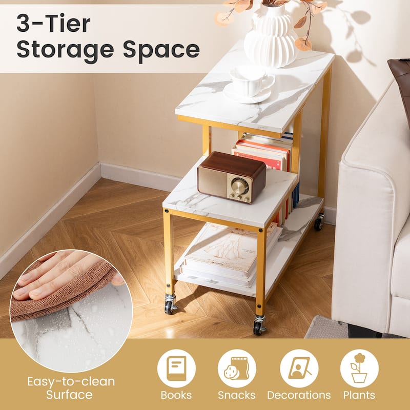 3-Tier G-Shaped Wooden Side End Table with Wheels and Storage for Living Room or Office Use - 23" x 12" x 24"