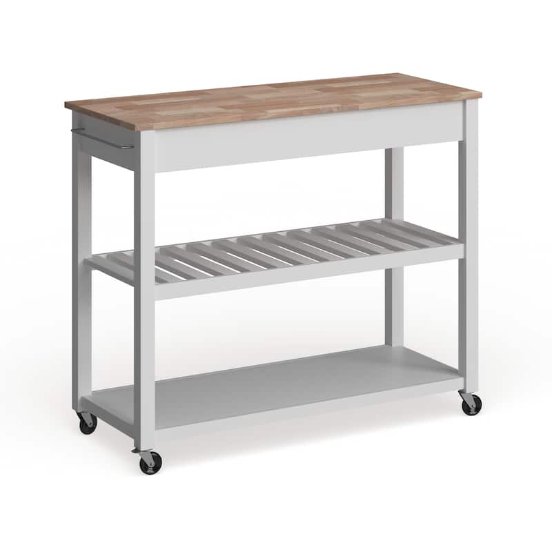 Crosley Natural Wood Top Kitchen Cart/ Island With Optional Stool Storage in White Finish - 17"d x 43"w x 35"h