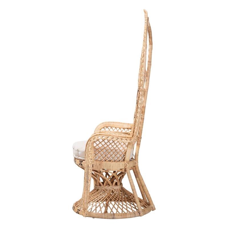 Nafisa Natural Rattan Peacock Chair - Handwoven Wicker Accent Chair with Fan Backrest and Removable Cushion, Boho Accent Seating