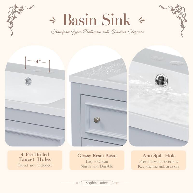 36 inch MDF Freestanding Bathroom Vanity Set with Integrated Resin Sink with Mirror cabinet