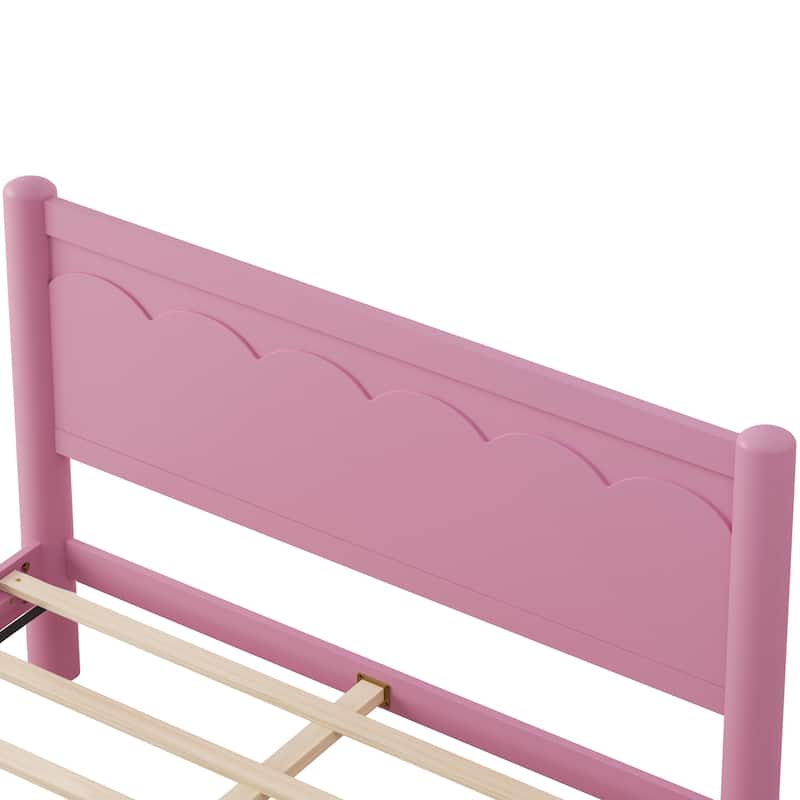 Queen Size Pink Wood Platform Bed with Headboard, Solid Wood Legs, 10-Slat Mattress Foundation, No Box Spring Needed
