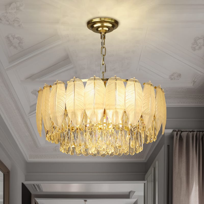 Modern Luxury Crystal Chandeliers, Adjustable Round Feather Crystal Pendant Light for Living Room, Bulbs Included - 9-light