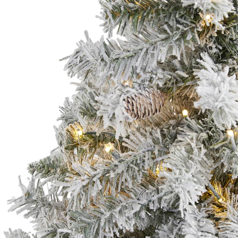 4ft. Flocked Pine Artificial Christmas Tree with Pinecones & 100 Clear LED Lights - Charming Winter Holiday X-Mas Tree