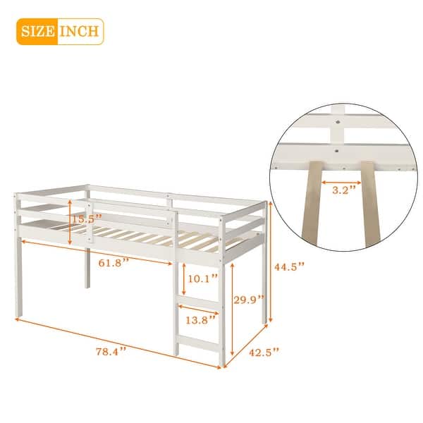 dimension image slide 1 of 2, Multiple Functions Design Loft Bed with Cabinet, Shelves and Rolling Portable Desk, Twin Size, White