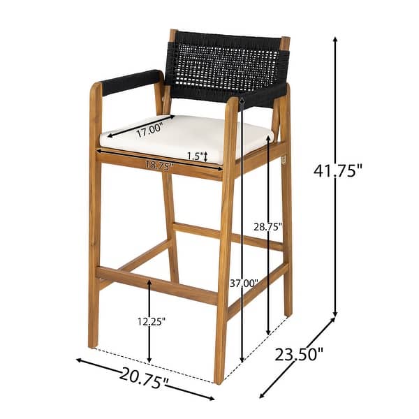 dimension image slide 2 of 3, Christopher Knight Home - Malibu Outdoor Bar Stool Set Acacia Wood with Rope Back and Water-Resistant Cushions