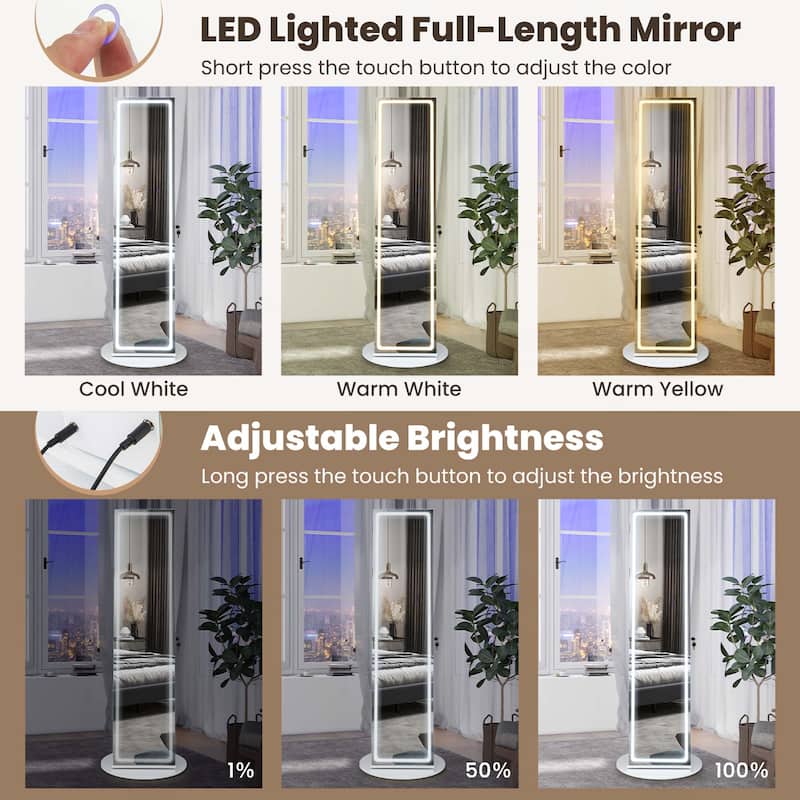 Costway 360° Swivel Jewelry Cabinet Organizer 3-Color LED Mirror with - See Details