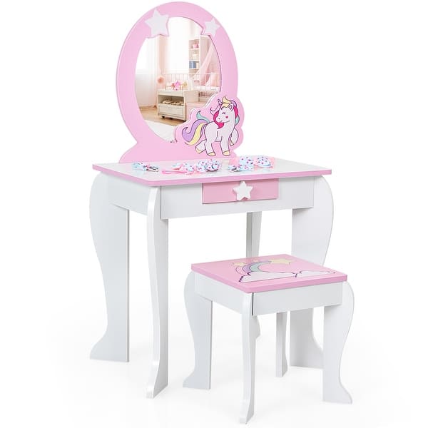 slide 2 of 24, Costway Kids Vanity Makeup Dressing Table Chair Set Wooden W/ Mirror - See details