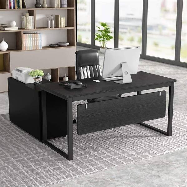 55 Inch L Shaped Computer Desk With 40 Inch Lateral Mobile File Cabinet Black Overstock 31618720