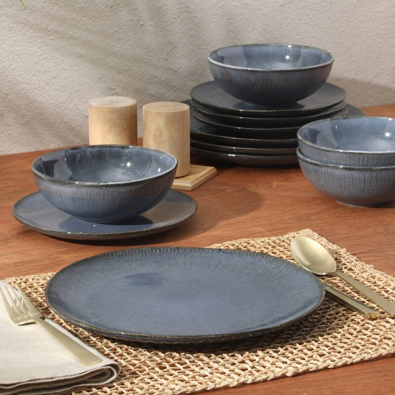 Gibson Elite Sandy Pines Stoneware Plates and Bowls Set - 12 Piece Reactive Glaze Dinnerware Set - Service for 4