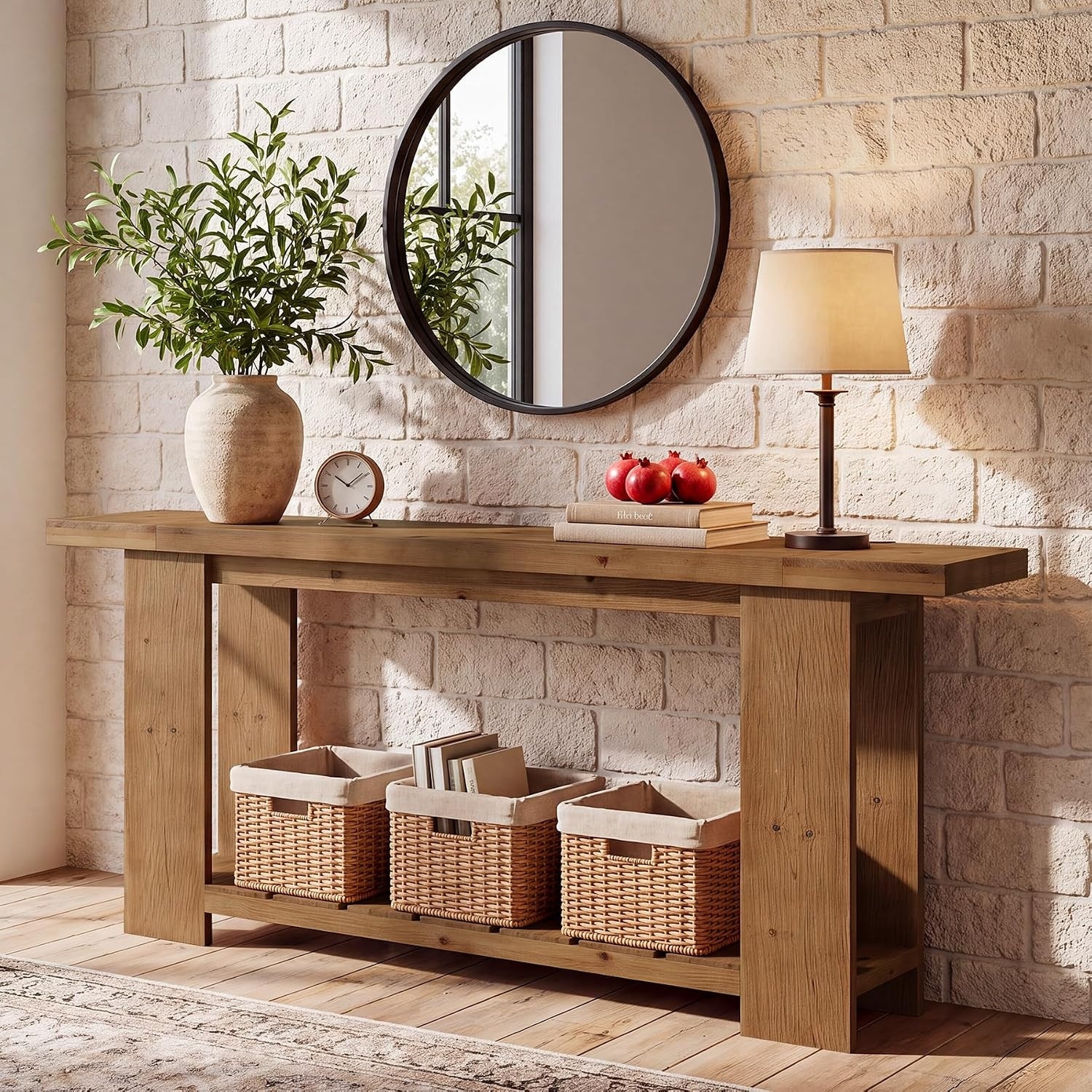 79-Inch Solid Wood Console Table, Farmhouse Entryway Table with Shelf