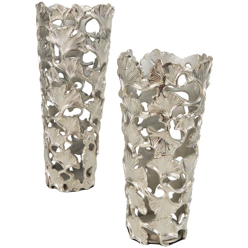 Silver Aluminum Metal Decorative Vase with Ginkgo Leaf Design (Set of 2)