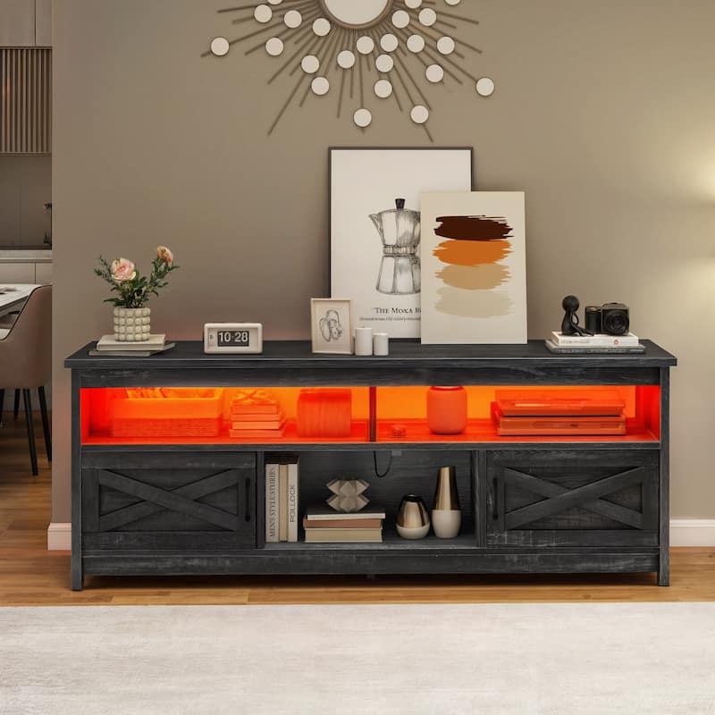 Farmhouse TV Stand for up to 65" TV with Doors and Open Shelves Media Console Power Outlet