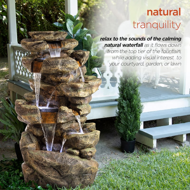 Alpine Corporation 51" Tall Outdoor 6-Tier Amazonian Rainforest Waterfall Fountain with 30 LED Lights