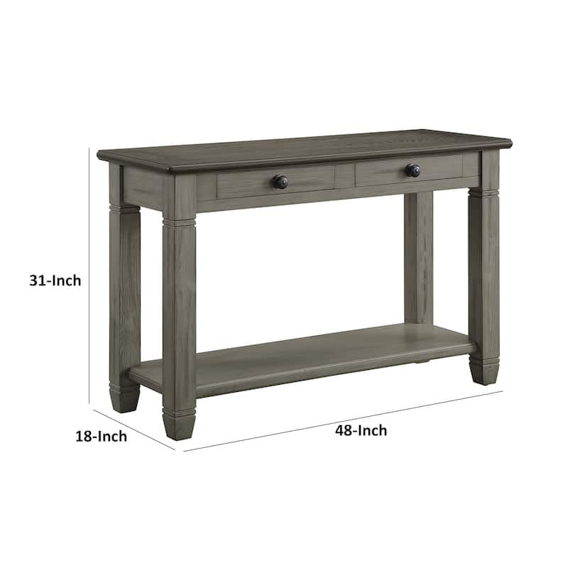 Rome 48 Inch Sofa Table, Rectangular, 2 Drawers, Brown, Gray, Solid Wood