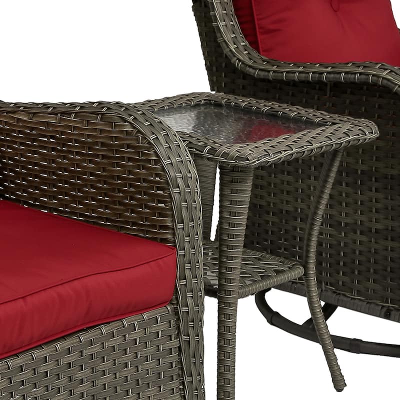 3-Piece Patio Rattan Swivel Cushioned Rocking Chair Set With Side Table