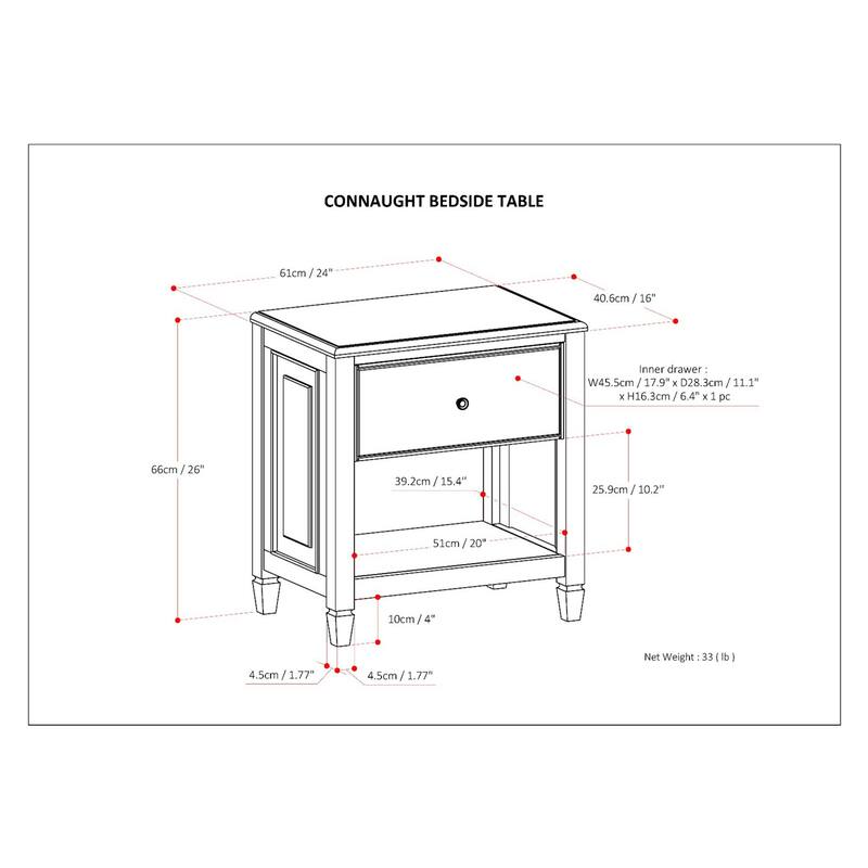 Solid Wood 24-Inch Wide Traditional Bedside Nightstand Table in Distressed Grey with Shelf