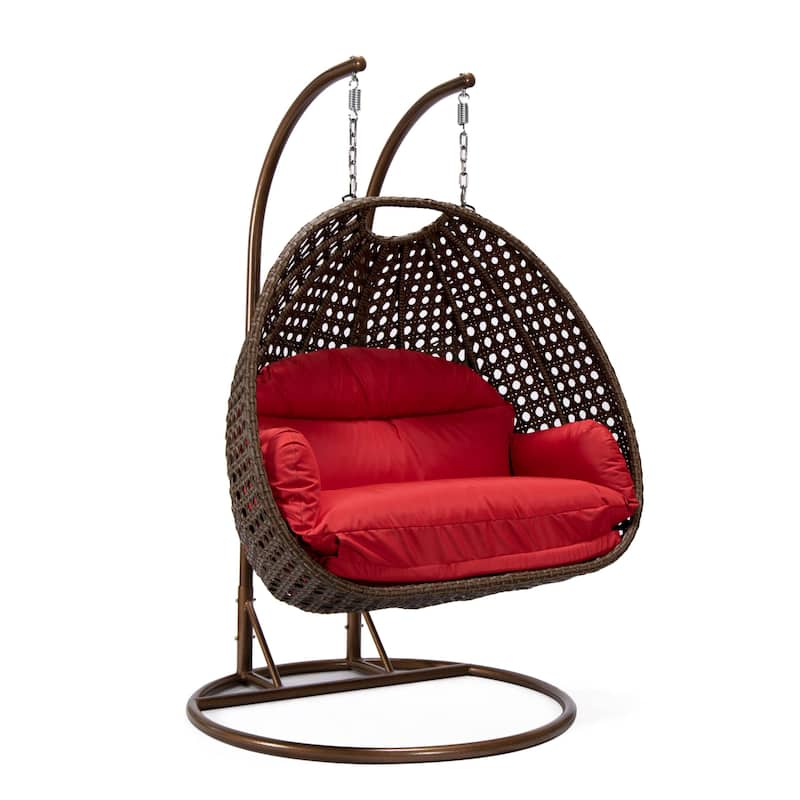 LeisureMod Mendoza Dark Brown 2 Seater Wicker Patio Hanging Double Swing Chair for Patio Porch Backyard Garden - 53" - Red