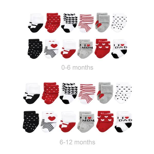slide 1 of 1, Hudson Baby Infant Girl Grow with Me Cotton Terry Socks, Mom Dad Girl Red Black, 0-6 and 6-12 Months - Mom Dad Girl Red Black Mom Dad Girl Red Black - 0-6 and 6-12 Months