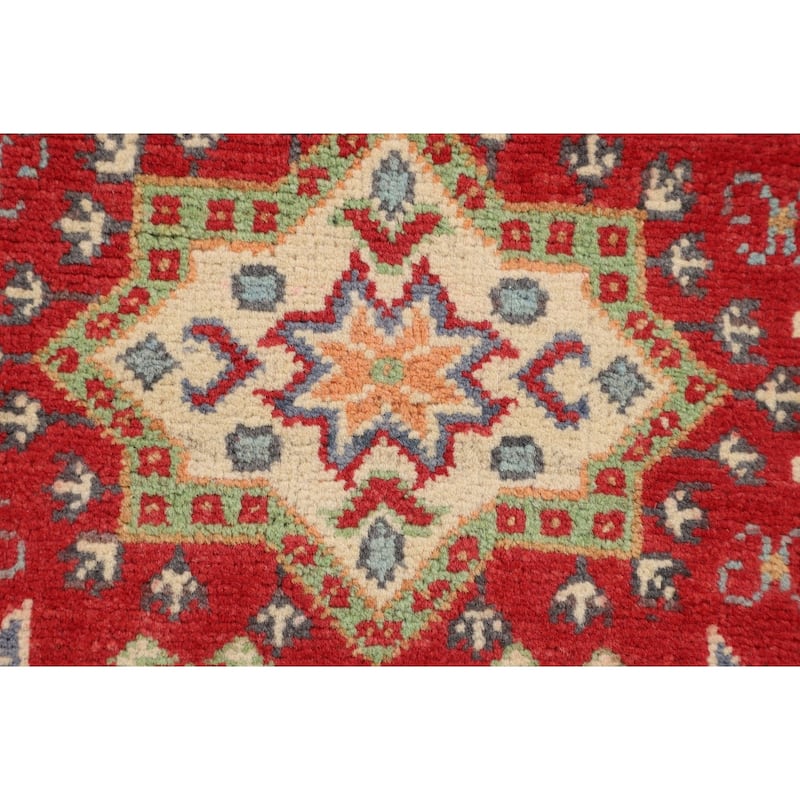 Geometric Kazak Foyer Rug Hand-Knotted Oriental Red Wool Carpet - 2'7" x 4'2"