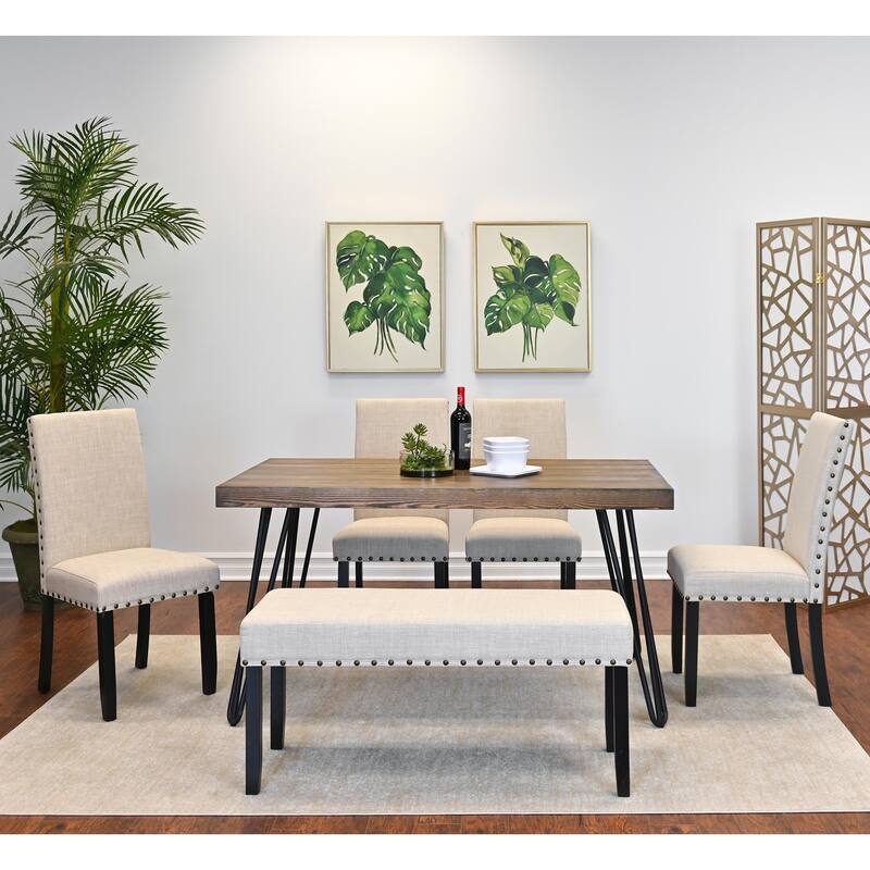 Roundhill Furniture Amisos 6-Piece Dining Set, Hairpin Dining Table with 4 Chairs and Upholstery Bench - Tan