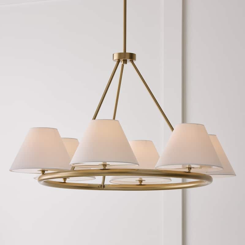 35"W x 19.50"H 6-Light Circular Ring Chandelier in Matte Brass with White Fabric Shades and Glass Diffusers