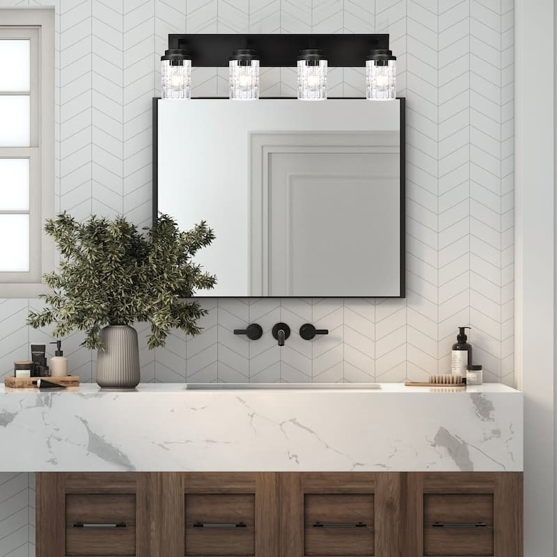 6-Light Modern Black Bathroom Vanity Light with Clear Grid Glass